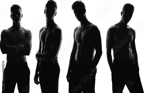 Four shirtless men silhouettes posing in front of a bright white background in black and white photography