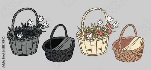 Four stylized wicker baskets with varying colors and flowers illustration in a hand drawn simplistic style