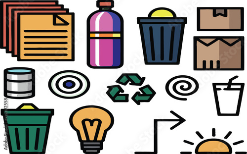 Flat lay illustration of recycling symbols and various recyclable materials on a light background