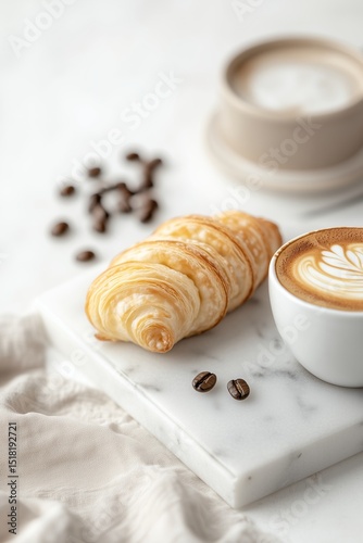 Fresh croissant with coffee on marble tray, coffee beans scattered