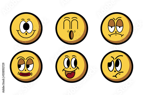 Set of six retro cartoon emoticons with various expressions