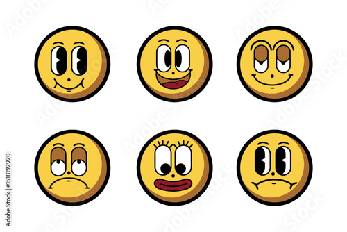 Set of six retro cartoon emoticons with various expressions
