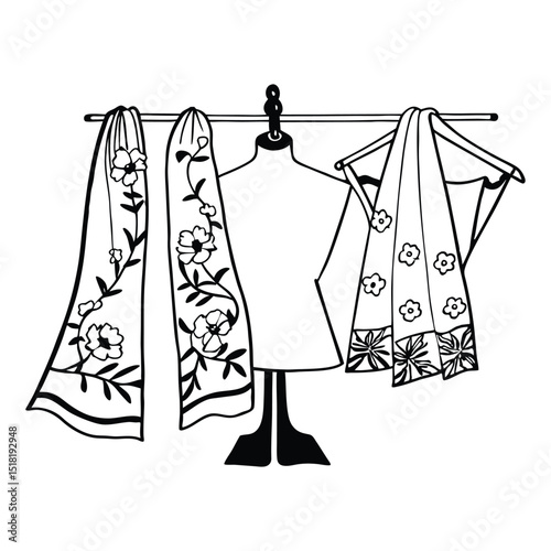 Elegant line art illustration featuring fashion accessories including scarves and a dress form on a clothing rack