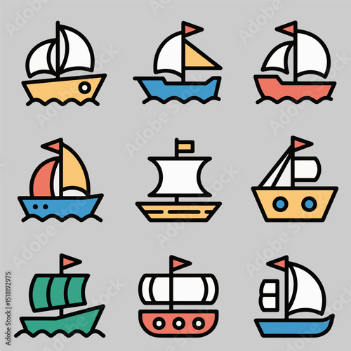 Hand-drawn colorful ship collection icon vector with various styles of boats. Great for kids books, sea maps, marine games, or themed illustrations.
