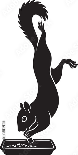 Squirrel eating from feeder silhouette vector, Forest animal feeding black white design