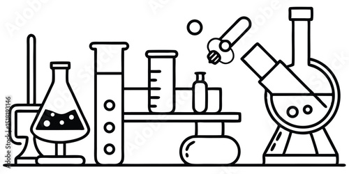 Science laboratory equipment isolated on white background in outline