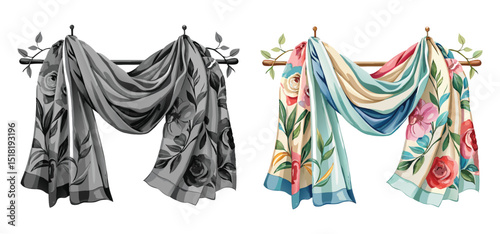 Elegant floral scarves on wooden racks depicting fashion accessory illustration with both color and monochrome options