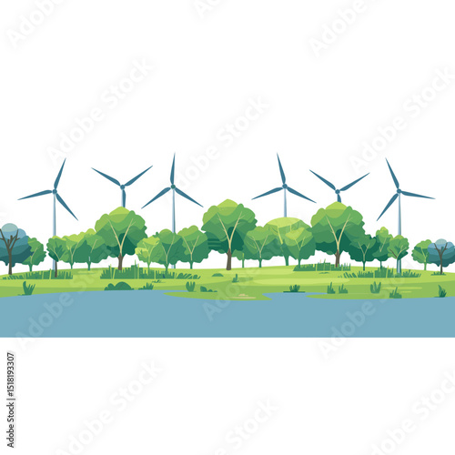 Illustration turbines clouds trees vector