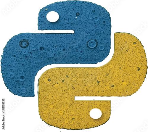 A textured blue and yellow python logo with white dots on a green and yellow blurred background
