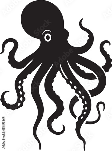 Octopus black silhouette stylish vector, Sea creature with tentacles elegant design