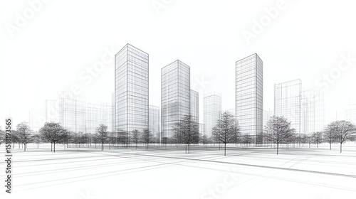 Architectural sketch of modern skyscrapers and urban landscape. Wireframe rendering of city buildings.