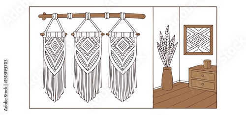 Detailed outline illustration of macrame wall hangings inside a home featuring an eclectic and stylish interior aesthetic.