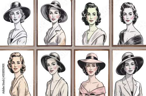 Collection of framed portraits featuring elegant women in vintage fashion and stylish hats artwork