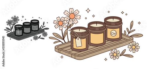 Decorative scented candles displayed on a wooden tray with daisies and leaves for a peaceful and relaxing mood.
