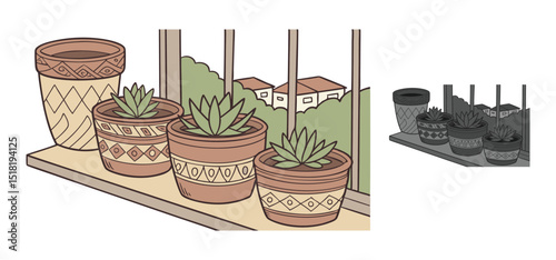 Decorative potted succulents arranged beautifully on a windowsill with an appealing hand-drawn artistic illustration.