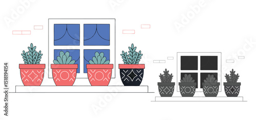 Decorative potted plants on a windowsill beside a window with brick accents in a minimalist illustrative style.