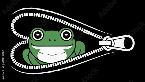 A cartoon green frog climbs out of a zipper lock, spreading it with its paws on a black isolated background. Vector graphics. EPS.
