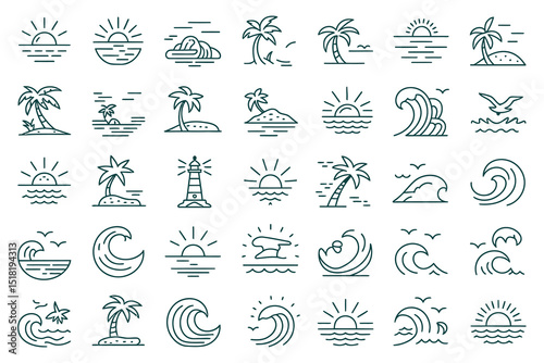 Hand-drawn doodle alphabet set with vintage sea travel and nature summer decoration icons, vectors, and design elements