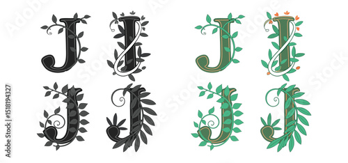 Decorative illustrations of the uppercase letter j adorned with floral elements and leaves in various unique color schemes.