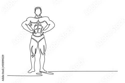 Single continuous line drawing bodybuilder with an ideal physique poses, showing off the pectoral muscles, abs and legs. Muscular man with naked torso. One line draw graphic design vector illustration