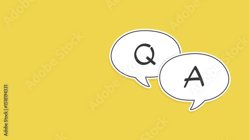 Two white outlined speech bubbles with letters Q and A on a solid yellow background, symbolizing question and answer communication.