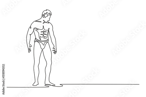 Continuous one line drawing bodybuilder posing in different poses demonstrating their muscles. Male showing muscle straining. Muscular body athlete. Single line draw design vector graphic illustration