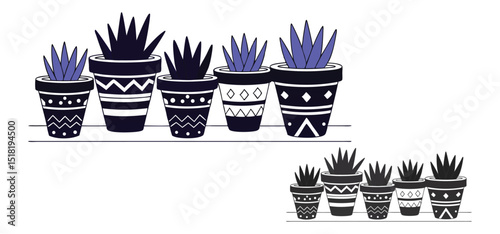Decorative houseplants in patterned pots displayed on a shelf illustrating botanical home decor in a hand drawn illustration.