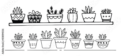Decorative hand drawn line art arrangement of potted succulent plants displayed on a shelf for interior design