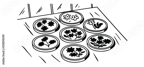 Decorative circular coasters adorned with stylized floral designs arranged on a reflective surface in a simple monochrome line art illustration.