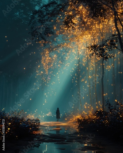 radiant soul journey art concept Enchanting Forest Pathway Illuminated by Golden Fairy Lights spiritual transformation glowing path abstract soul light illustration