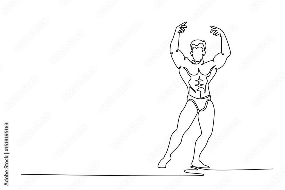 Single one line drawing athletic man posing perfect physique at fitness gym. Strong bodybuilder flexing muscles. Sports, strength, motivation. Continuous line draw design graphic vector illustration Single one line drawing athletic man posing perfect physique at fitness gym. Strong bodybuilder flexing muscles. Sports, strength, motivation. Continuous line draw design graphic vector illustration