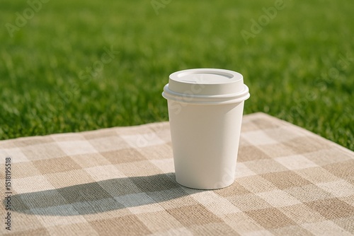 Blank Coffee Cup Mockup on Picnic Blanket in Green Park Setting
