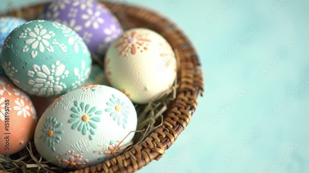 Beautifully decorated Easter eggs and wicker bowl on light blue background, flat lay. Space for text