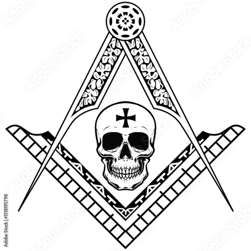Masonic Square and Compasses Symbol with Skull and Cross Illustration - Knight Templar Freemason Master Mason Emblem of Mortality, Brotherhood & Mystery AI
