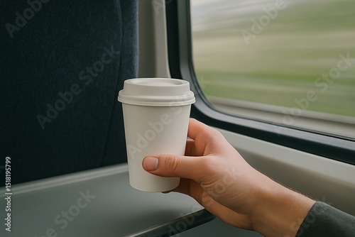 Hand Holding a Blank Coffee Cup on a Train - Perfect Travel Mockup for Branding and Design
