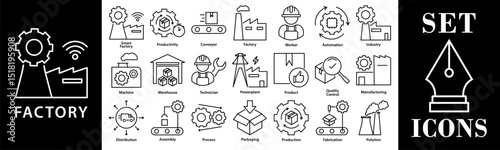Clean and modern factory and industrial line icons set featuring outline style illustrations of factory buildings, automation processes, production lines, warehouse logistics etc.