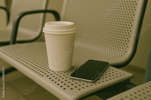 Minimalist Coffee Cup and Smartphone on Perforated Bench Mockup for Branding Design