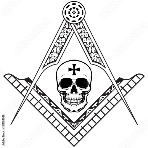 Masonic Square and Compasses Symbol with Skull and Cross Illustration - Knight Templar Freemason Master Mason Emblem of Mortality, Brotherhood & Mystery SVG