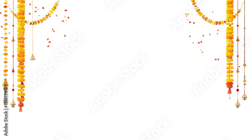Festive traditional marigold and diya decoration with flying butterflies on white background