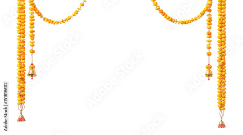 Traditional indian marigold flower garlands hanging with decorative bells used for festive decoration