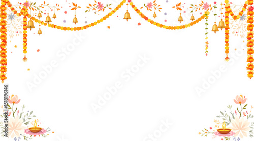 Traditional festive floral and bell decoration with marigold garlands and diya lamps on white background for celebration