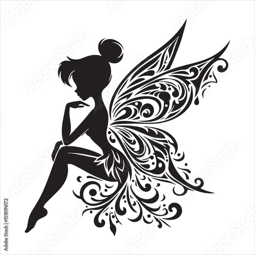 Beautiful silhouette illustration of a fairy with intricate wing details resting thoughtfully