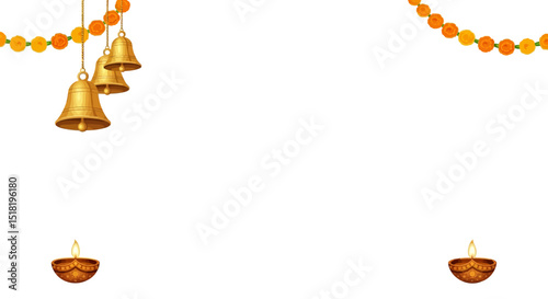 Festive hanging golden bells and lit traditional oil lamps on white background for celebration