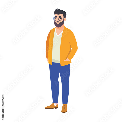 Full Body Flat Design Illustration of a Hipster Man with Beard and Glasses