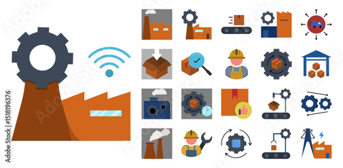 A flat style factory and manufacturing icon set featuring industrial elements such as factory buildings, production lines, warehouse storage, quality control etc.