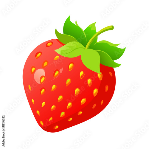 Vibrant Red Strawberry with Green Leaves: A plump, glossy red strawberry with bright green leaves and yellow seeds, a classic and appealing fruit illustration.