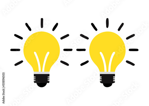 Two Bright Glowing Light Bulbs: Two illuminated yellow light bulbs with radiating lines, symbolizing ideas, innovation, energy, and solutions.