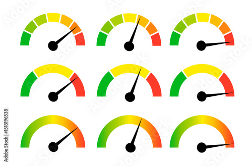 Speedometer gauge meter icons. Vector scale, level of performance. Speed indicator .Infographic of risk, gauge, score progress