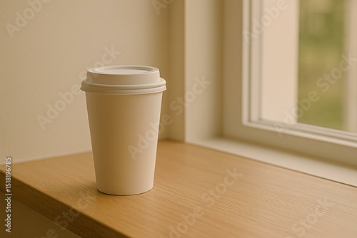 Realistic Coffee Cup Mockup on Minimalistic Wooden Surface by Window