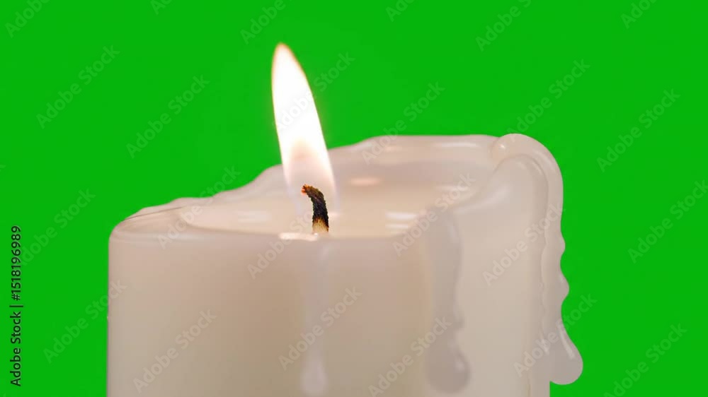 Flickering Candle Flame on White Candle with Melting Wax – Green Screen Video
